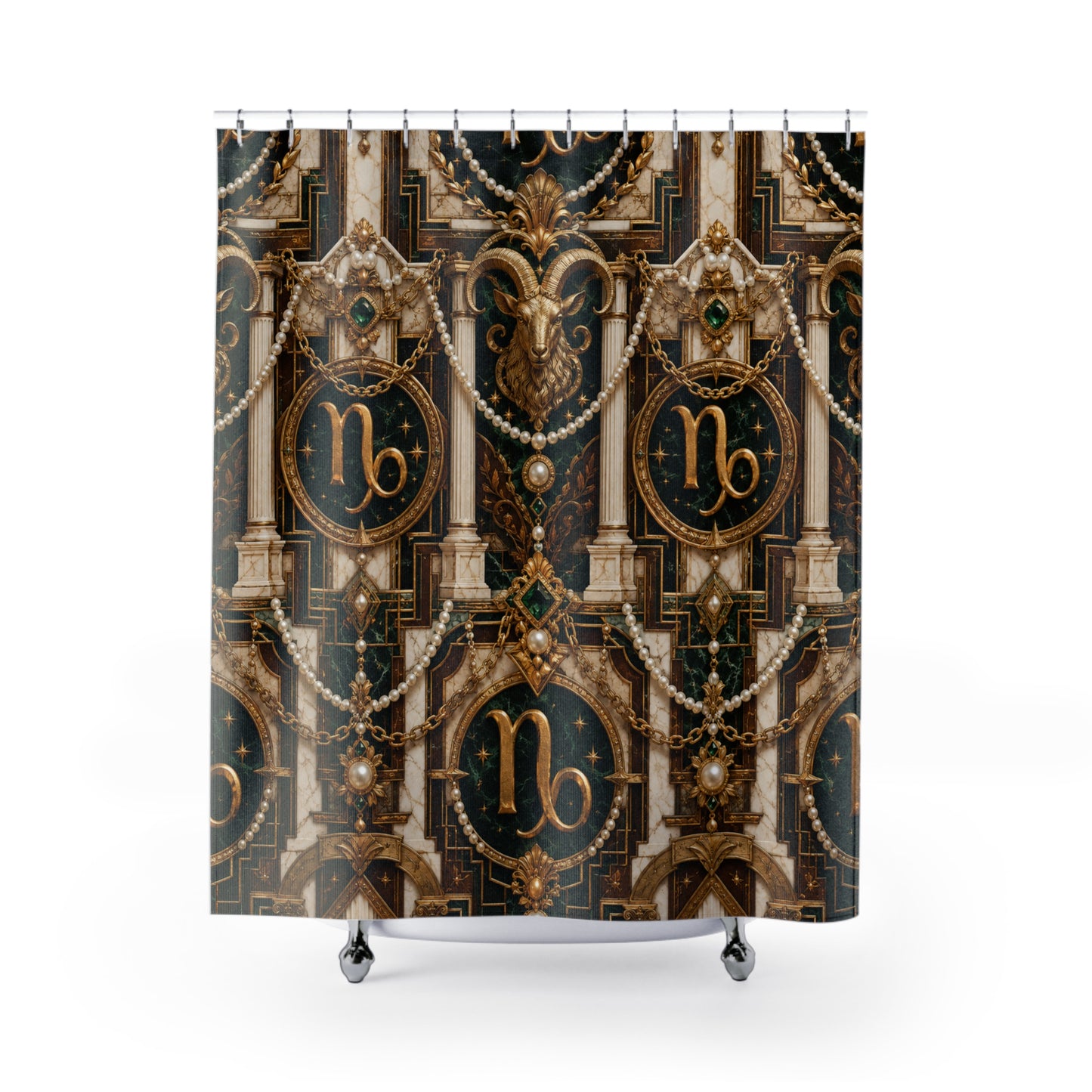 Decorative Capricorn Zodiac  shower curtain with astrological design on a white background
