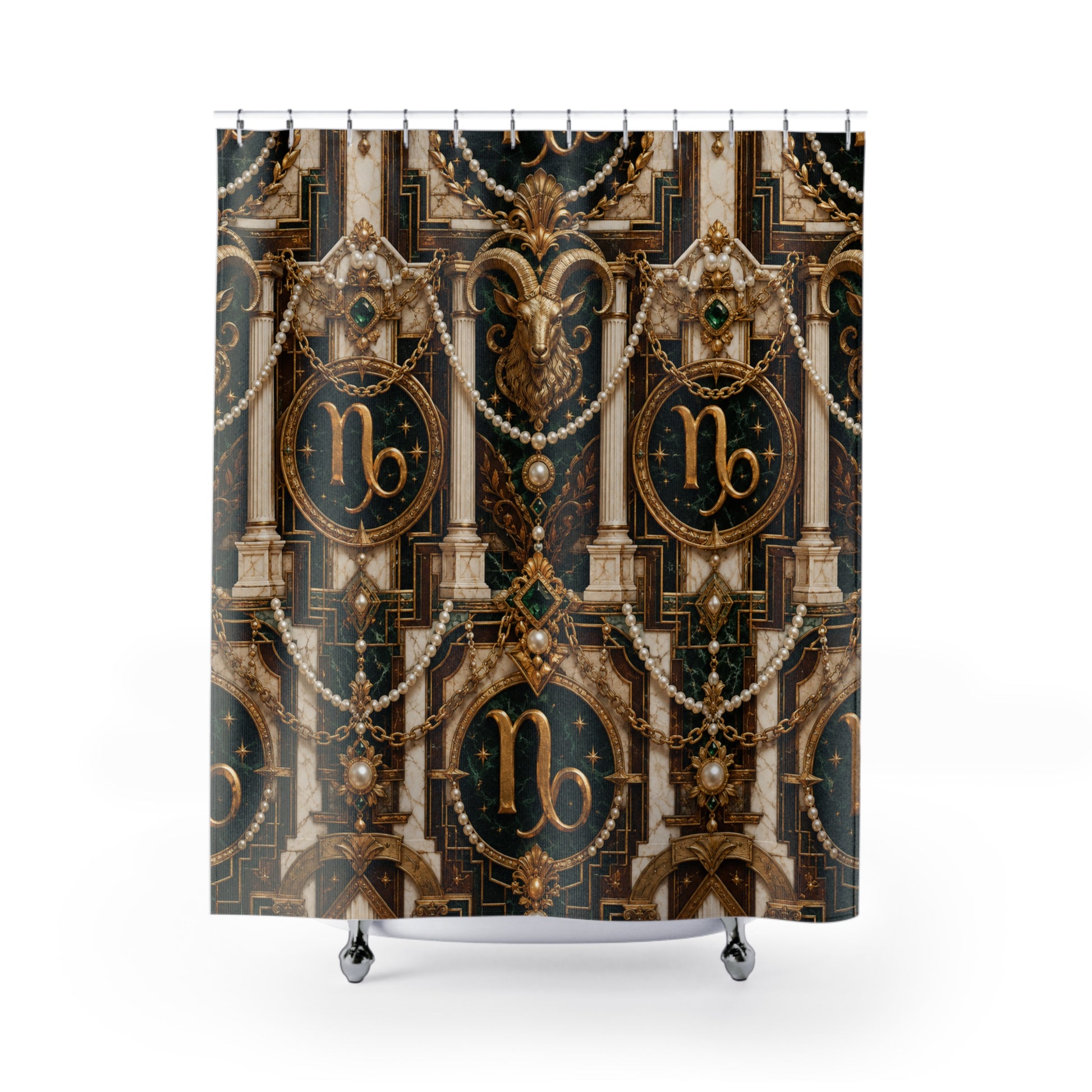 Decorative Capricorn Zodiac  shower curtain with astrological design on a white background