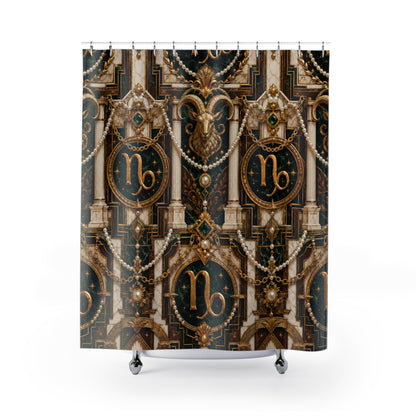 Decorative Capricorn Zodiac  shower curtain with astrological design on a white background