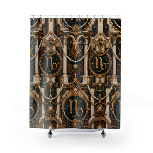 Decorative Capricorn Zodiac  shower curtain with astrological design on a white background