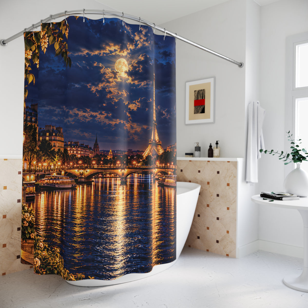 A shower curtain featuring a Paris night scene with the Eiffel Tower, moon, bridge, and river reflections, hanging in a bright white bathroom.