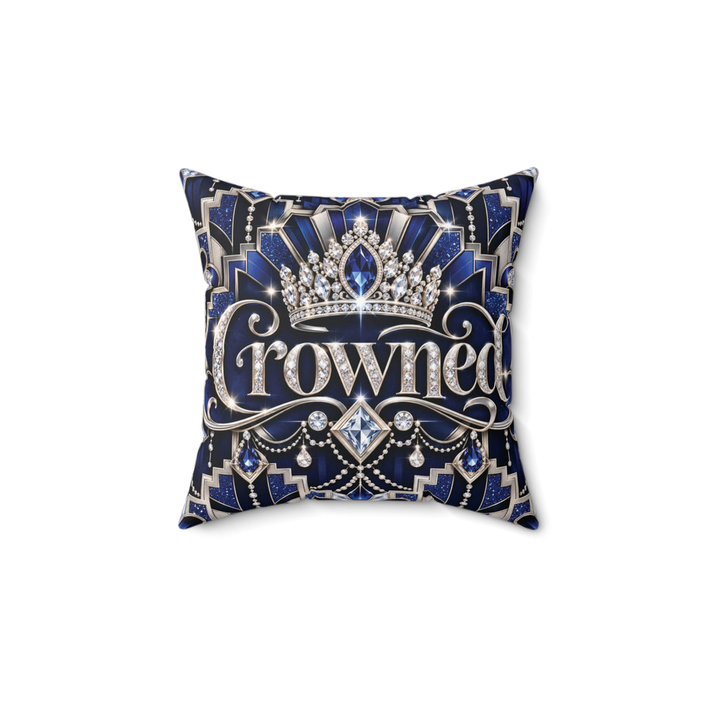 Crowned Sapphire Luxe Throw Pillow | Royal Blue, Silver & Crystal Art Deco Pillow