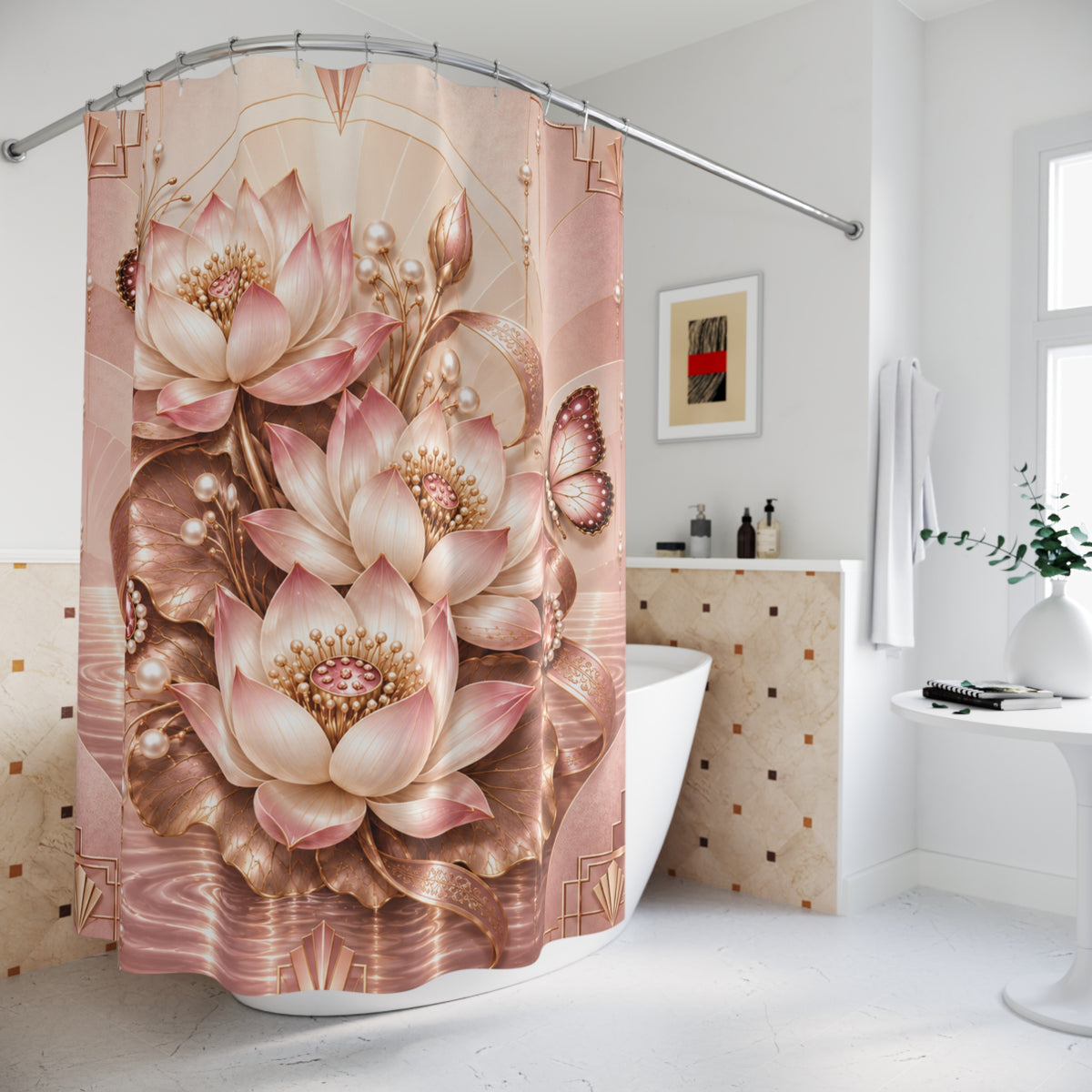 A pink and beige shower curtain featuring large lotus flowers and a butterfly, hanging in a bright, modern bathroom.