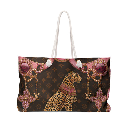 Luxury Leopard Print Weekender Bag – Brown Monogram Tote with Pink Jewel Chains