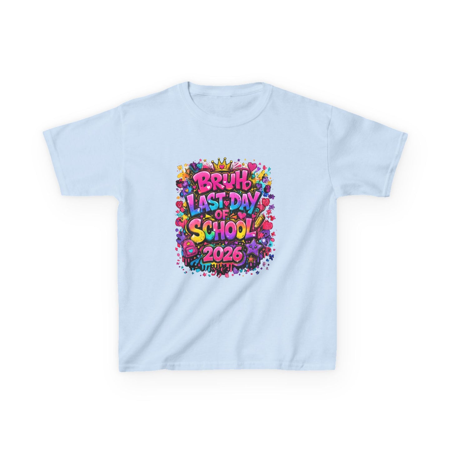 Light blue t-shirt with colorful 'Last Day of School 2026' text design on a white background