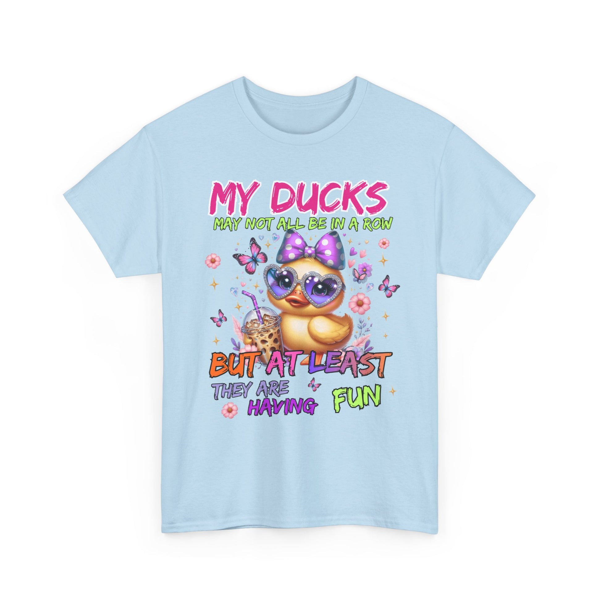 Light blue t-shirt with a cartoon duck wearing sunglasses and text on a white background