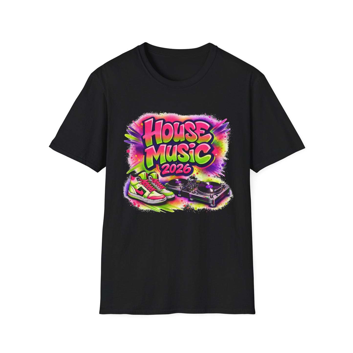 Black t-shirt with colorful 'House Music 2026' graphic design on a white background