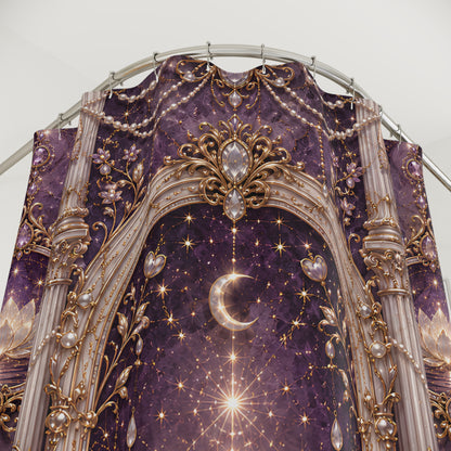 A close-up of an ornate purple and gold celestial fabric shower curtain featuring a crescent moon, stars, pearls, and decorative architectural details.