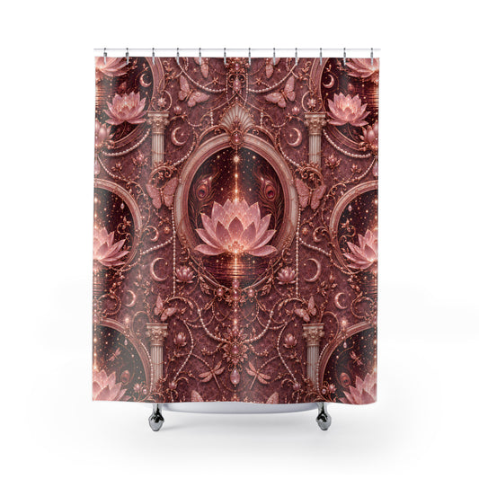 A shower curtain featuring an ornate baroque-style pattern in dusty rose, burgundy, and gold, with central lotus flowers and decorative oval frames, shown hanging over a white bathtub against a light gray background.