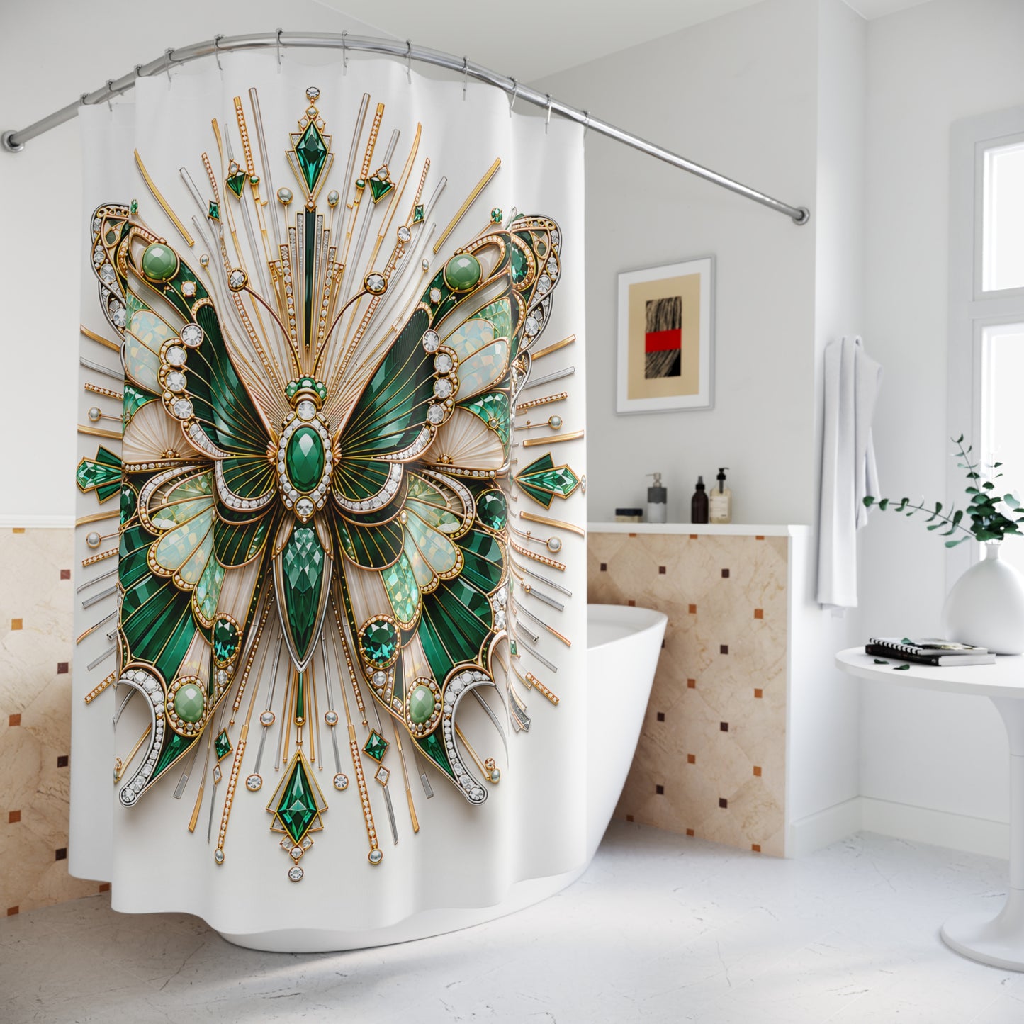 A white shower curtain featuring a large, ornate green and gold butterfly design with gemstone-like details, hanging in a bright, modern bathroom.