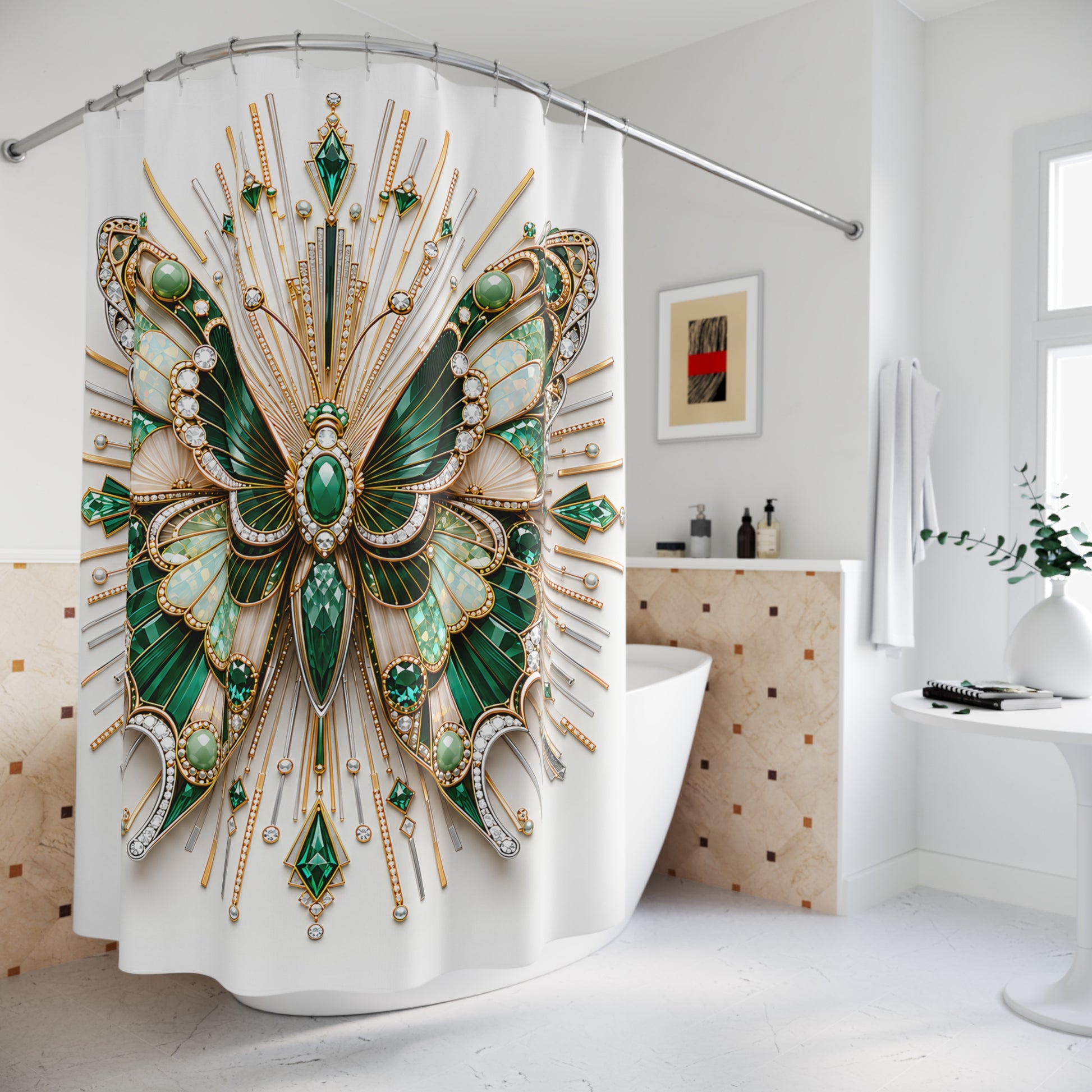 A white shower curtain featuring a large, ornate green and gold butterfly design with gemstone-like details, hanging in a bright, modern bathroom.