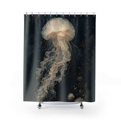 A shower curtain featuring a large, detailed print of a glowing jellyfish in deep ocean tones, hanging from silver hooks against a white background.