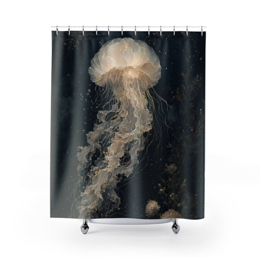 A shower curtain featuring a large, detailed print of a glowing jellyfish in deep ocean tones, hanging from silver hooks against a white background.