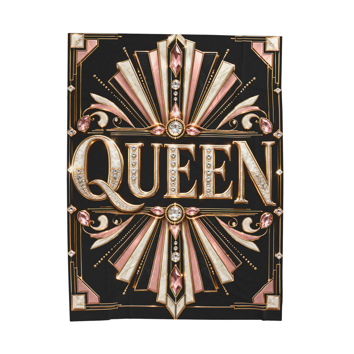 A rectangular black decorative throw featuring ornate Art Deco-style gold and pink detailing with the word 'QUEEN' in large raised letters, shown on a plain white background.