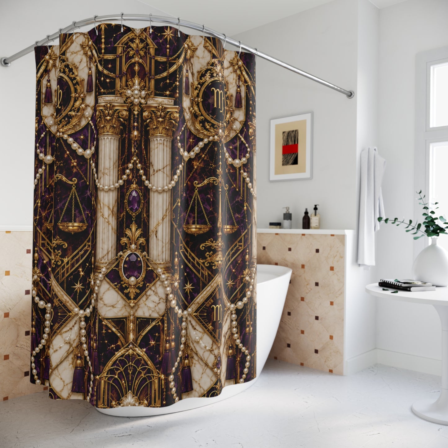 Decorative Virgo Zodiac shower curtain with zodiac design in a bathroom setting
