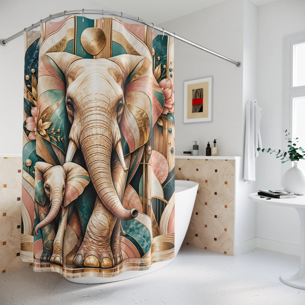 A shower curtain featuring a detailed, colorful artistic print of a large elephant and a baby elephant, styled in a bright, modern white bathroom next to a bathtub.