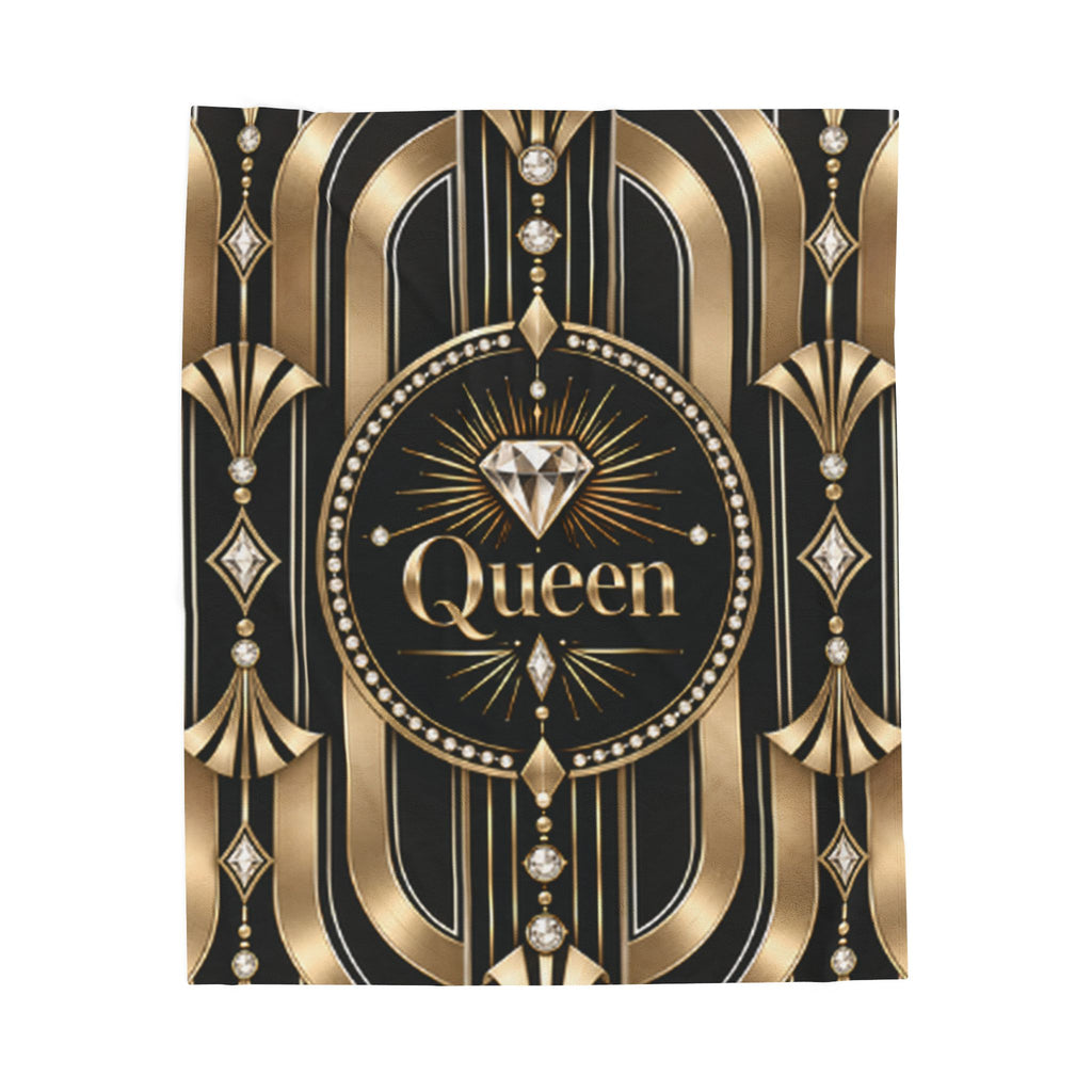 An Art Deco style graphic print featuring a central circular medallion with a diamond icon and the word 'Queen' in gold, surrounded by black and metallic gold vertical stripes and decorative diamond motifs.