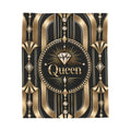 An Art Deco style graphic print featuring a central circular medallion with a diamond icon and the word 'Queen' in gold, surrounded by black and metallic gold vertical stripes and decorative diamond motifs.