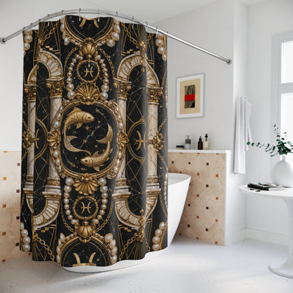 Decorative shower curtain with gold and black pattern in a bathroom setting