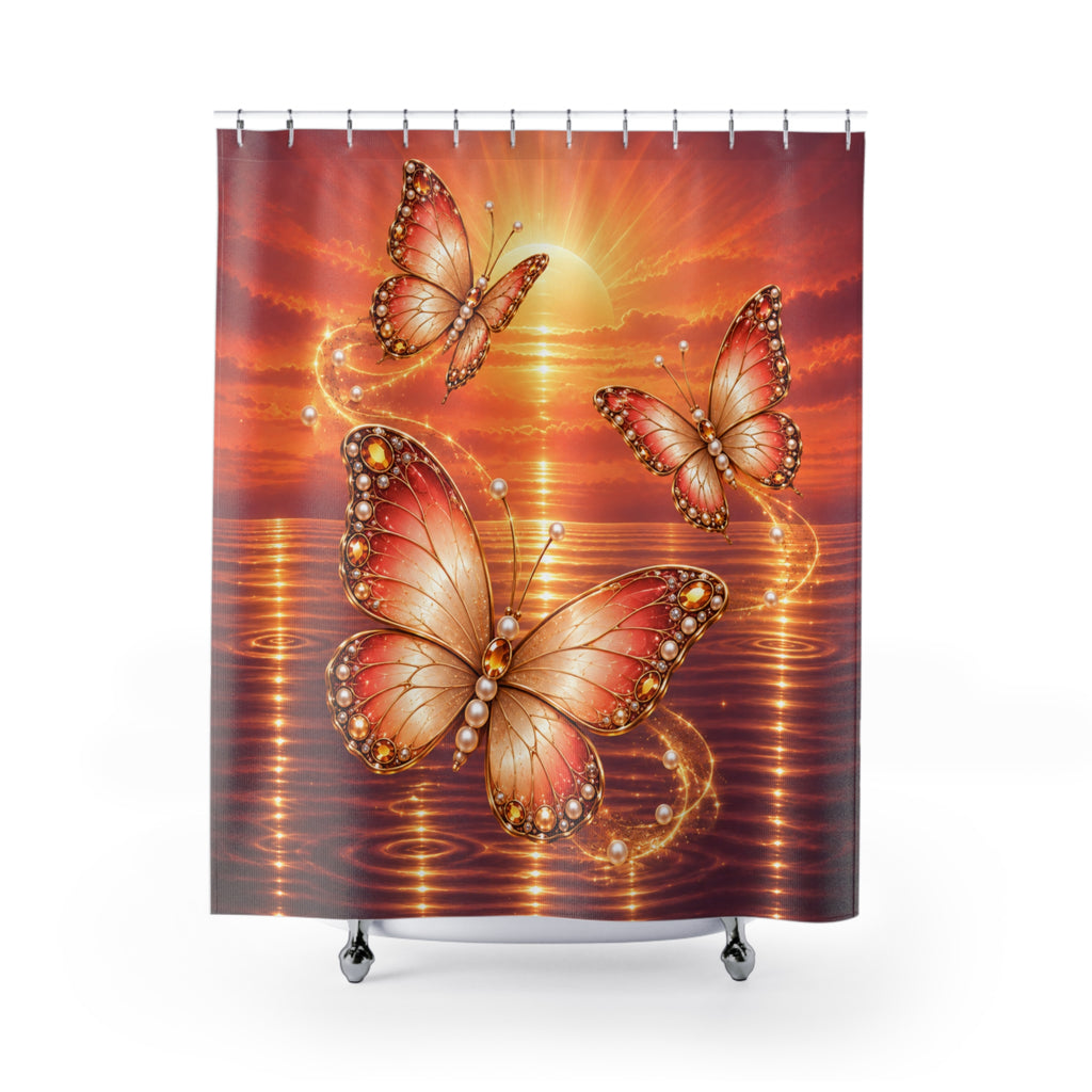 A shower curtain featuring a vibrant sunset and sunrise design over water with three large, detailed orange and gold butterflies, shown hanging from silver rings on a white background.