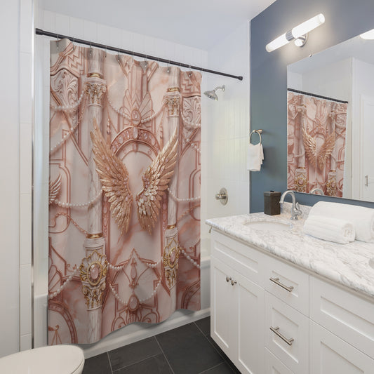 A shower curtain with a detailed rose gold and gold architectural pattern featuring a large angel wing in the center, hanging in a modern bathroom next to a white marble vanity.