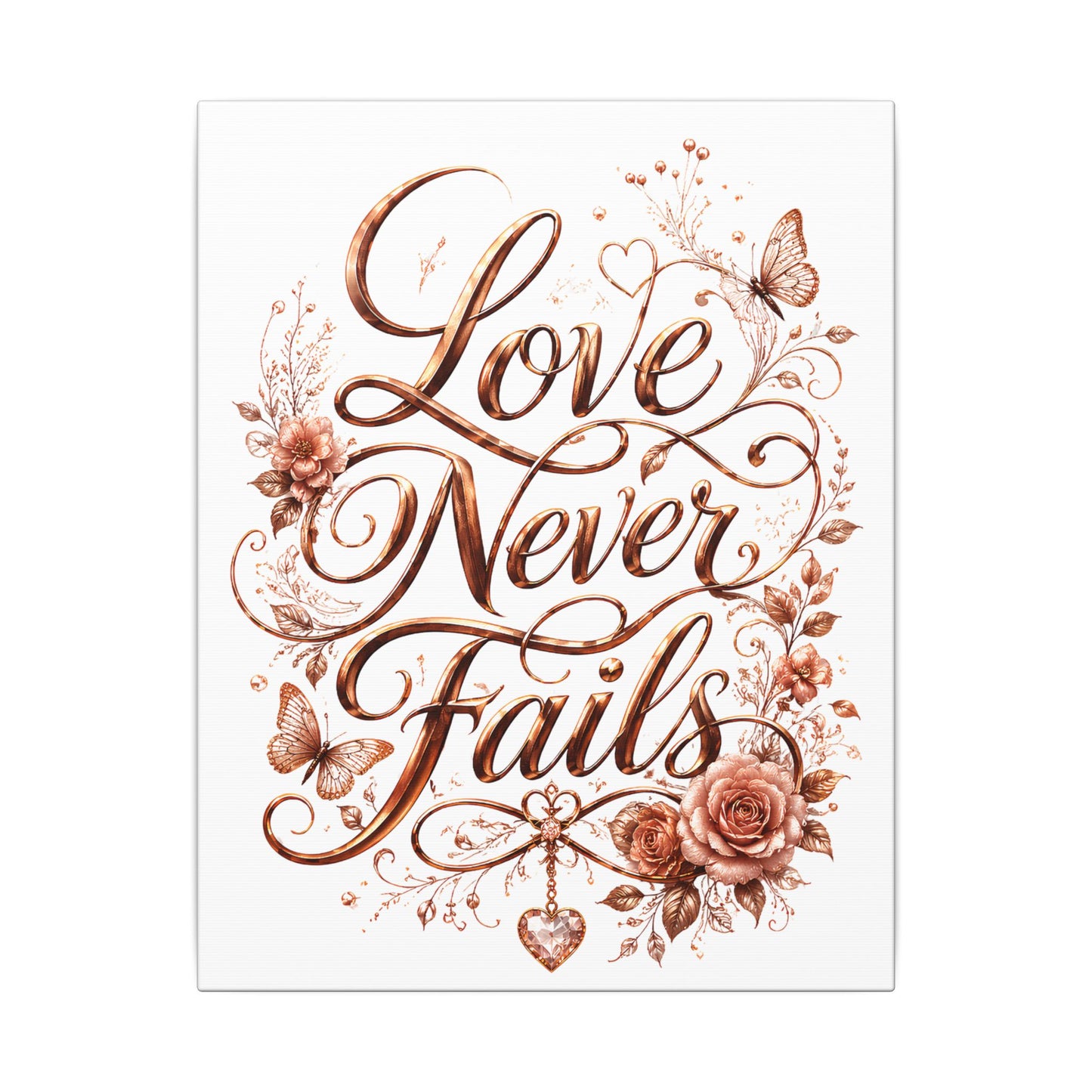 Love Never Fails Floral Canvas Wall Art — Romantic Rose Gold Typography