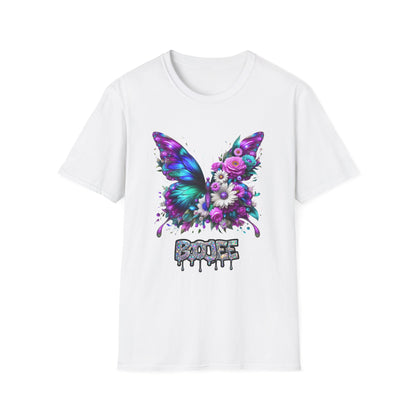 White t-shirt with a colorful butterfly and floral design on a white background