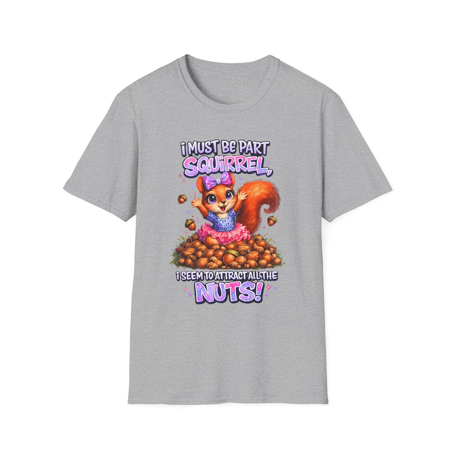 Gray t-shirt with a cartoon squirrel graphic and humorous text on a white background