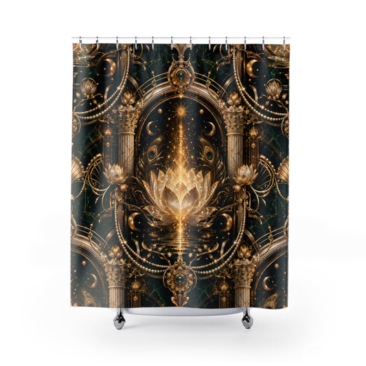 A shower curtain featuring an ornate baroque-style design with a glowing golden lotus flower, columns, crescent moons, and stars on a dark teal background, shown hanging over a white bathtub.