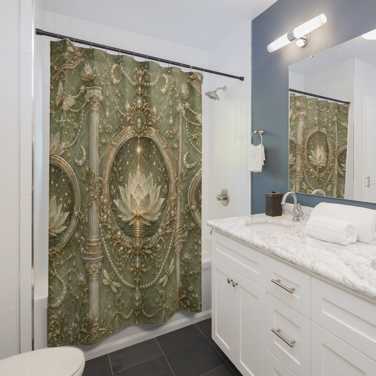 An ornate shower curtain with a baroque-style gold and olive green damask pattern hanging in a modern white and blue-gray bathroom.