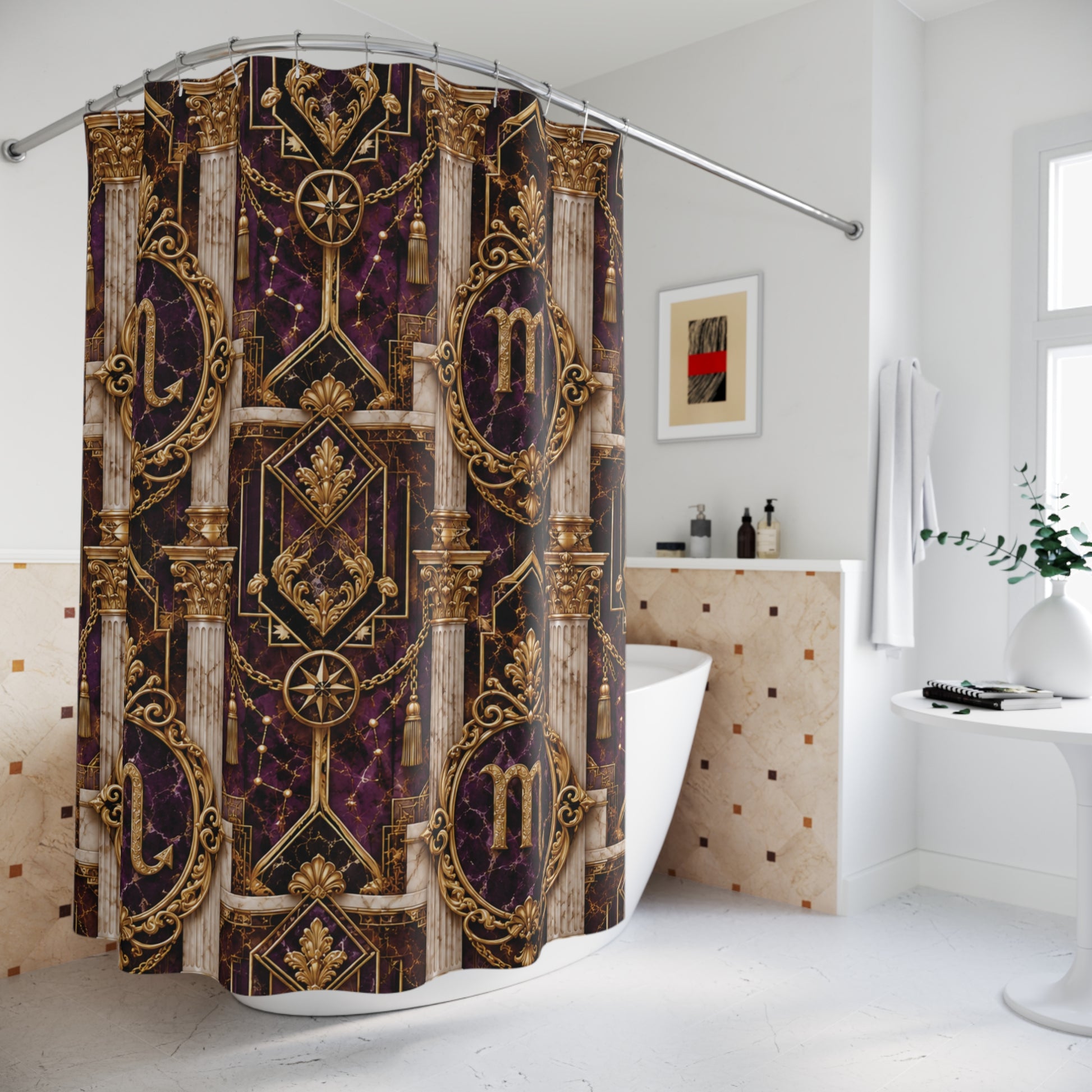 Decorative shower curtain with Scorpio Zodiac intricate gold and purple design in a bathroom.