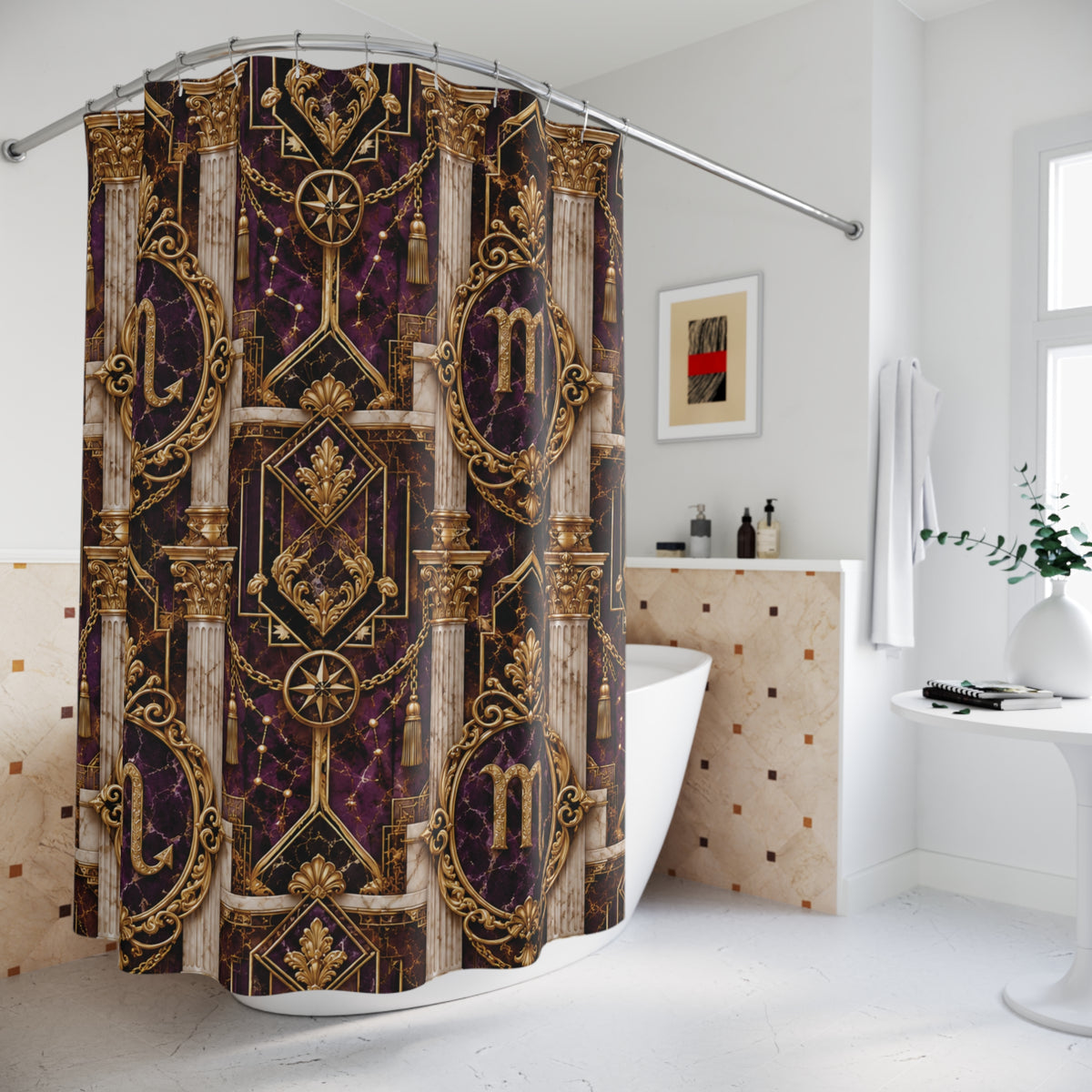 Decorative shower curtain with Scorpio Zodiac intricate gold and purple design in a bathroom.