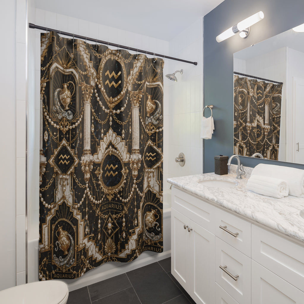 Aquarius Zodiac shower curtain in a luxurious all white bathroom