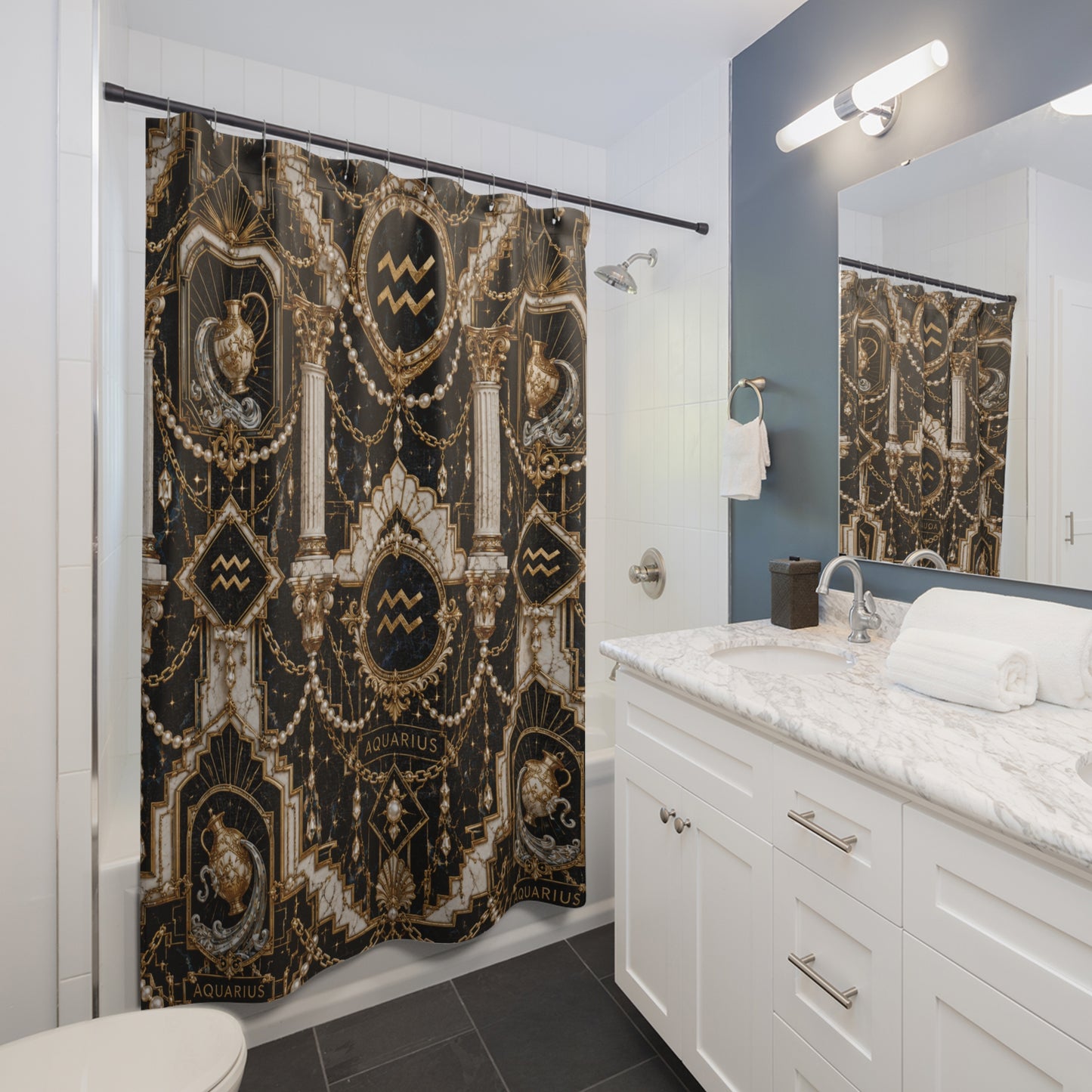 Aquarius Zodiac shower curtain in a luxurious all white bathroom