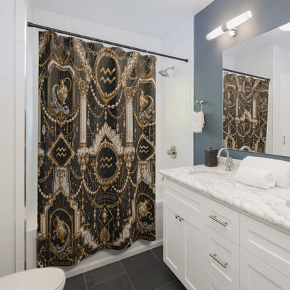 Aquarius Zodiac shower curtain in a luxurious all white bathroom