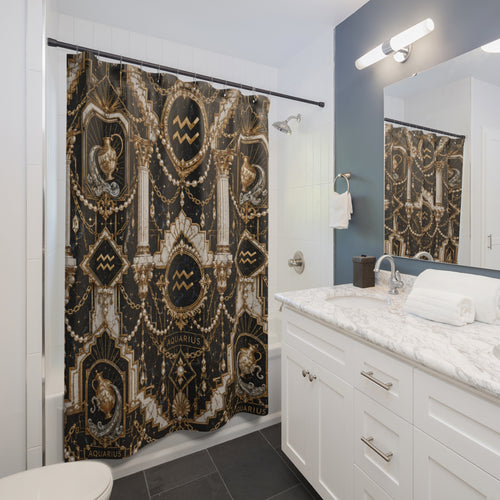 Aquarius Zodiac shower curtain in a luxurious all white bathroom