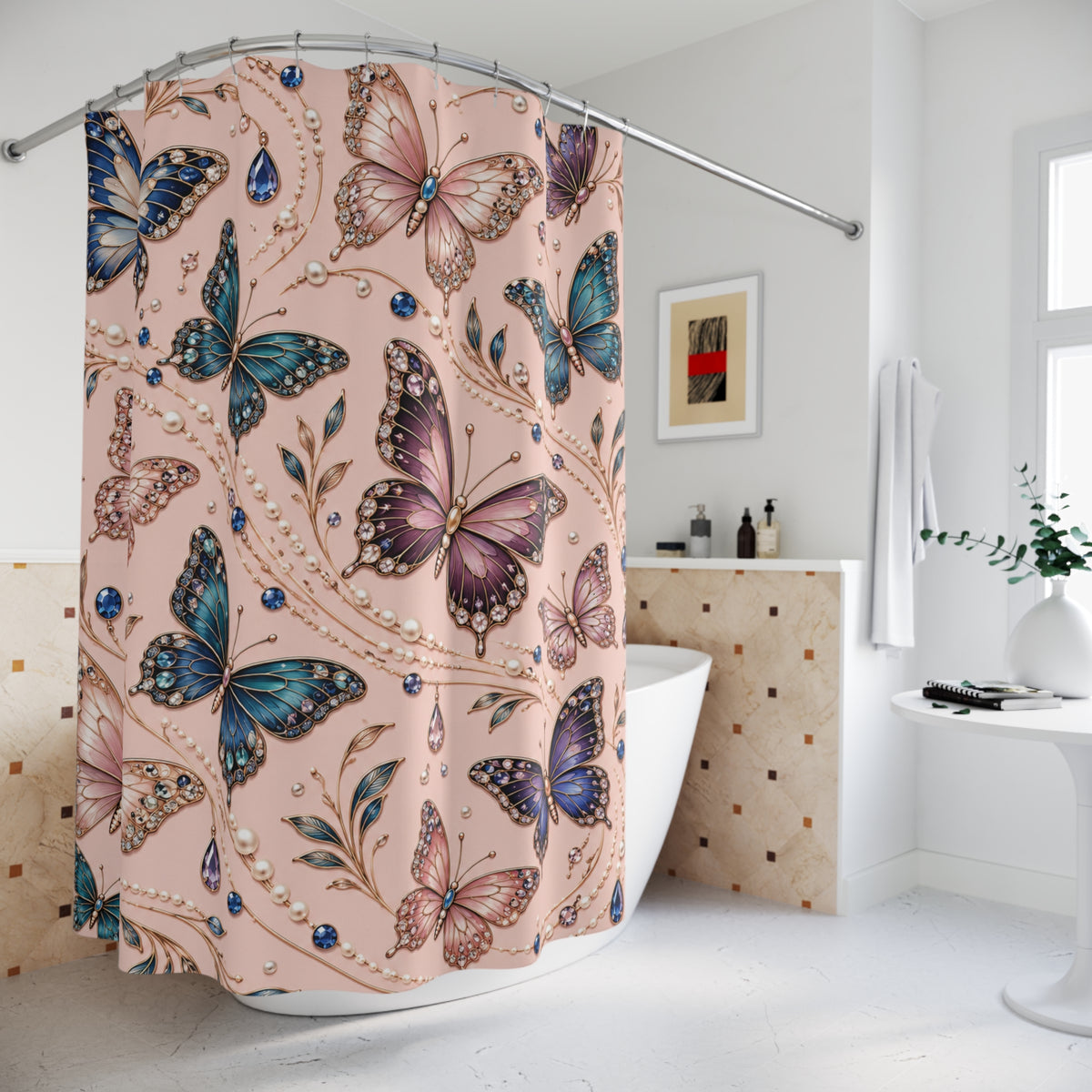 A pink shower curtain with a detailed butterfly and floral pattern, hanging in a bright, modern white bathroom.