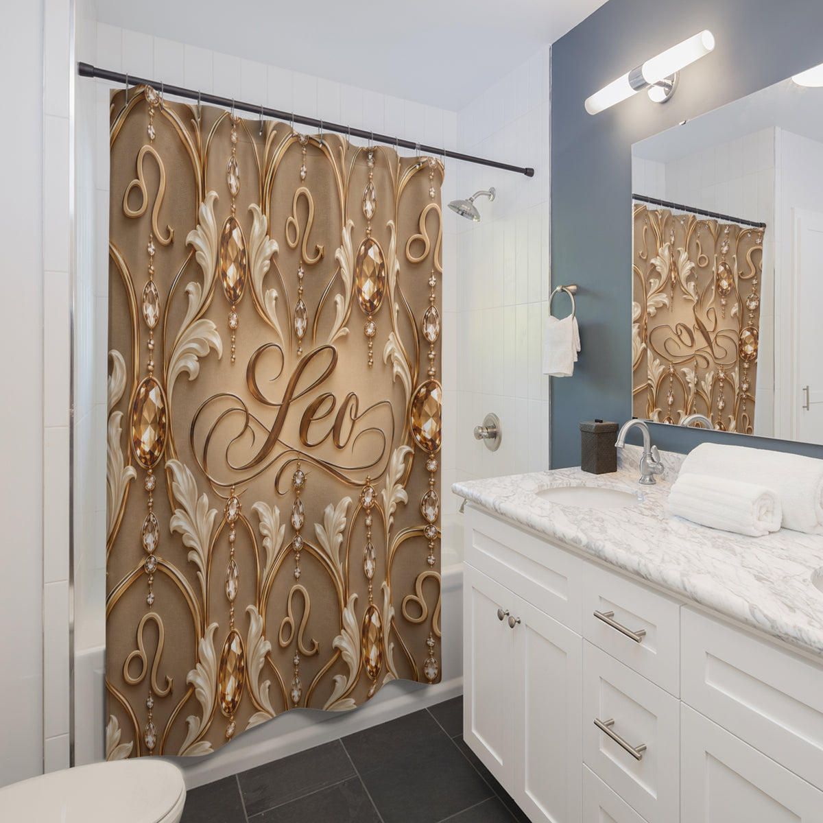 Leo Zodiac Shower Curtain — Elegant Gold Astrological Bathroom Decor