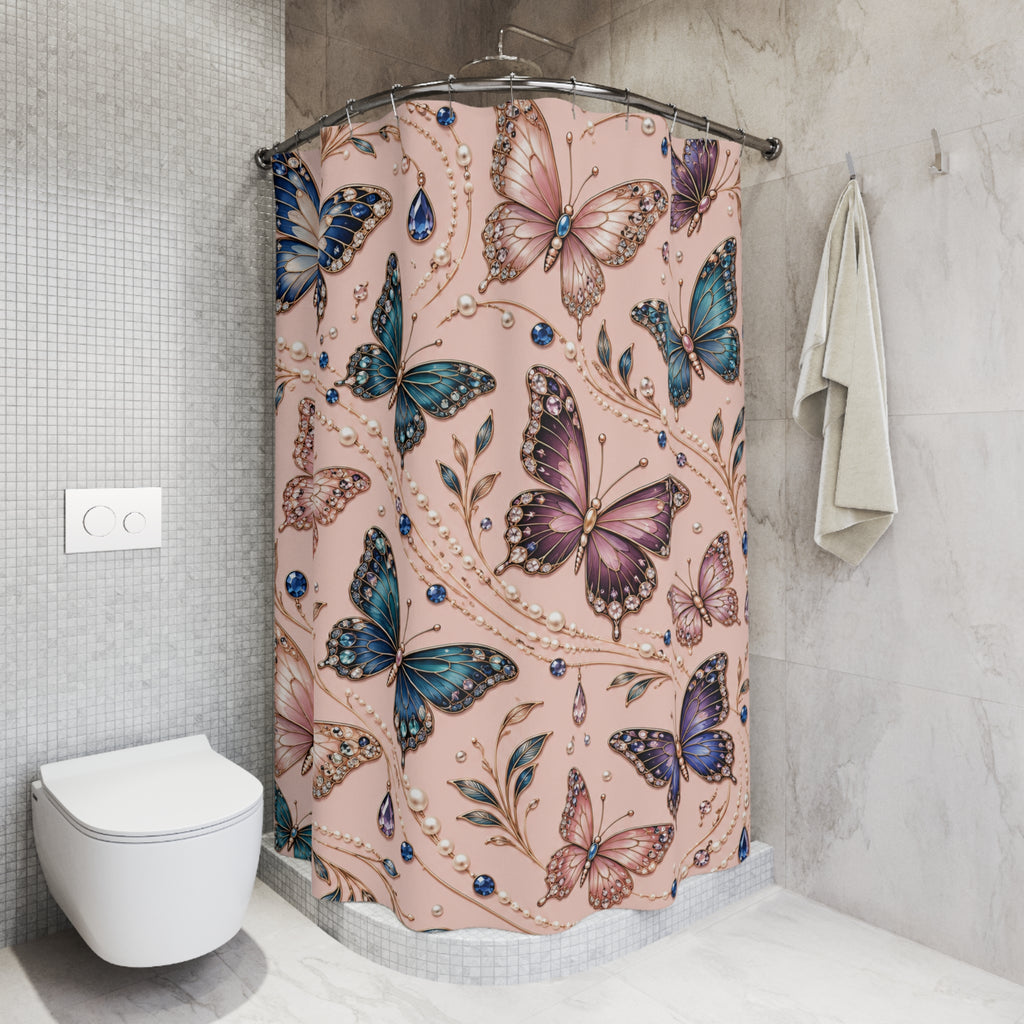 A shower curtain with a pink background and a detailed print of purple, blue, and brown butterflies, displayed in a modern tiled bathroom next to a white toilet and a hanging towel.