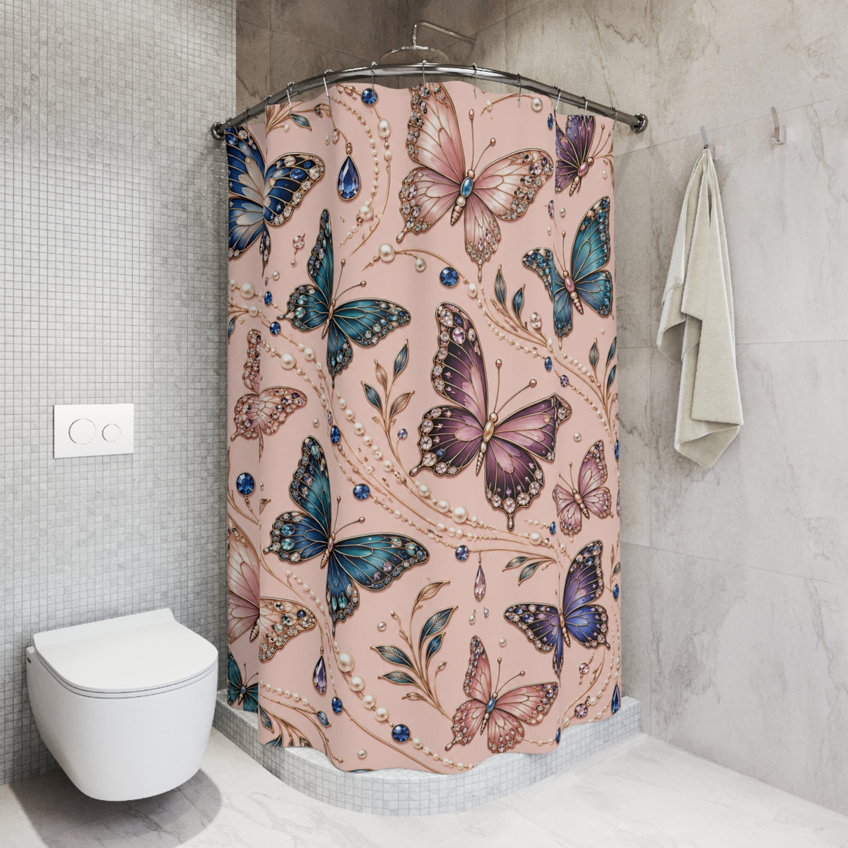 A shower curtain with a pink background and a detailed print of purple, blue, and brown butterflies, displayed in a modern tiled bathroom next to a white toilet and a hanging towel.