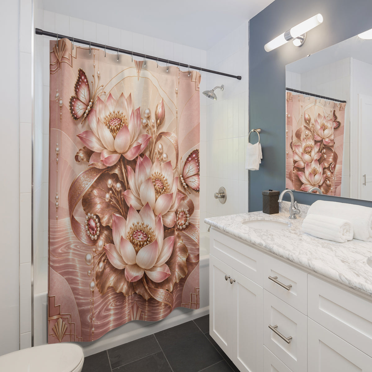 A pink and beige floral shower curtain with lotus flowers and butterflies hanging in a modern white and gray bathroom.