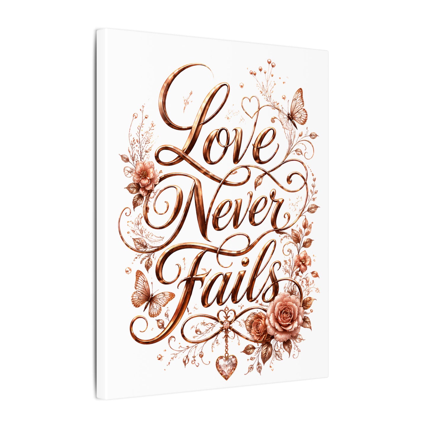 Love Never Fails Floral Canvas Wall Art — Romantic Rose Gold Typography