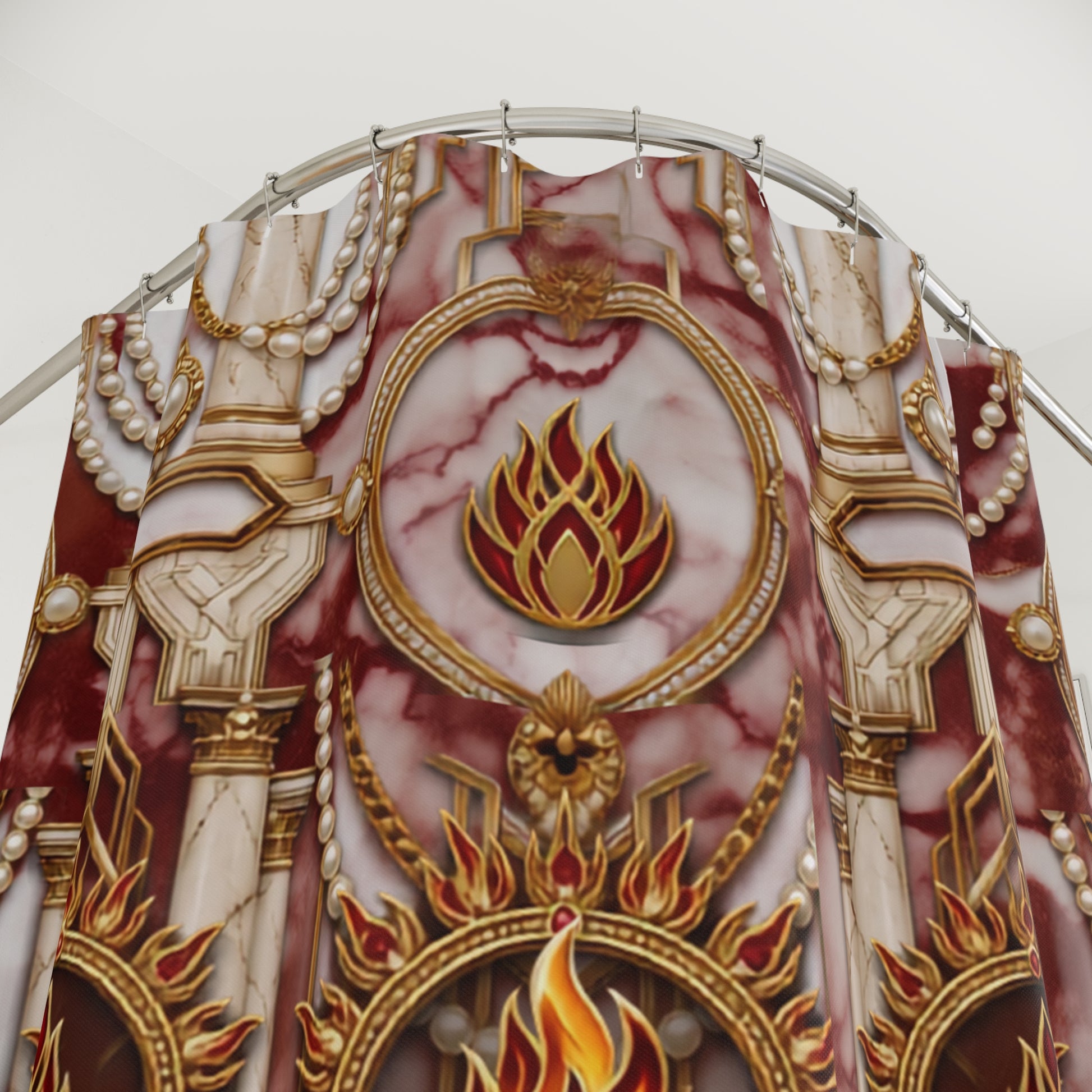 Close-up of an ornate decorative shower curtain with red and white marble-like textures, gold trim, pearl-like bead details, and flame motifs.