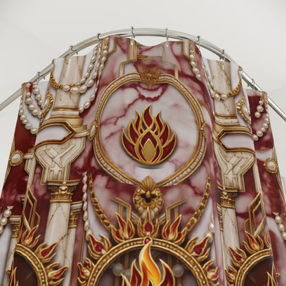 Close-up of an ornate decorative shower curtain with red and white marble-like textures, gold trim, pearl-like bead details, and flame motifs.
