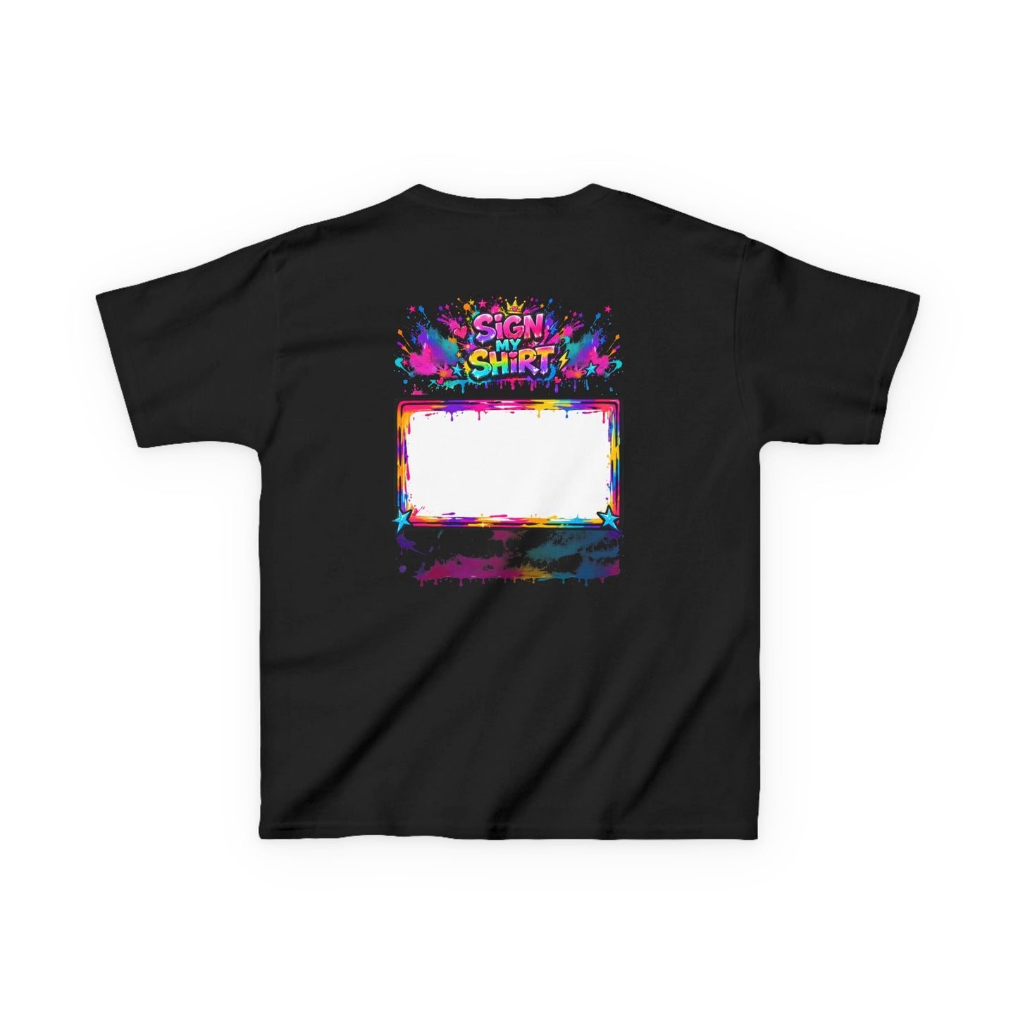 Black t-shirt with colorful graphic design on a white background