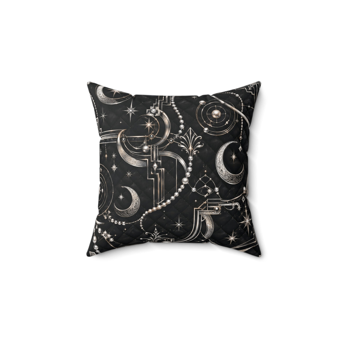 A square throw pillow featuring a celestial pattern of silver moon phases, stars, and geometric line art on a black background, shown against a plain white studio backdrop.