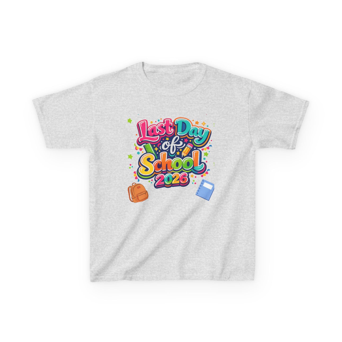 Gray t-shirt with 'Last Day of School 2026' text and graphics on a white background