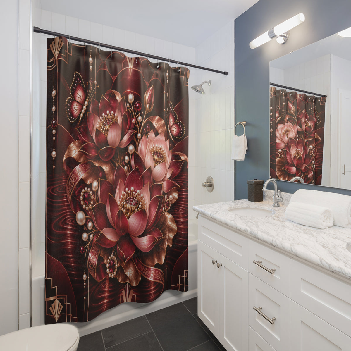 Burgundy Floral Lotus Shower Curtain — Elegant Pearl & Art Deco Bathroom Decor