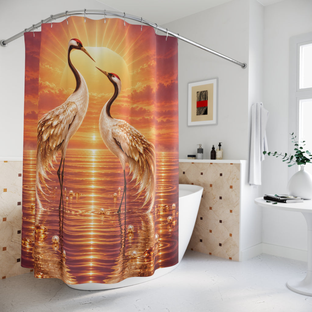 Crane Sunset Romantic Golden Beach —Shower Curtain Wildlife Decor
