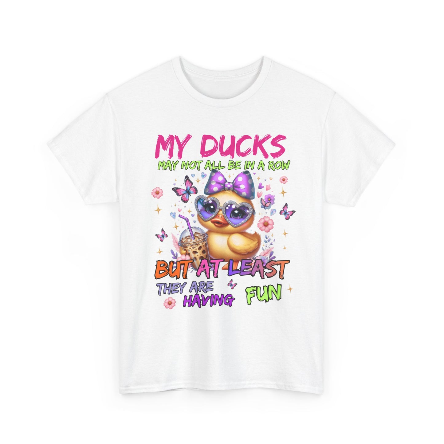 White t-shirt with a colorful duck graphic and text on a white background